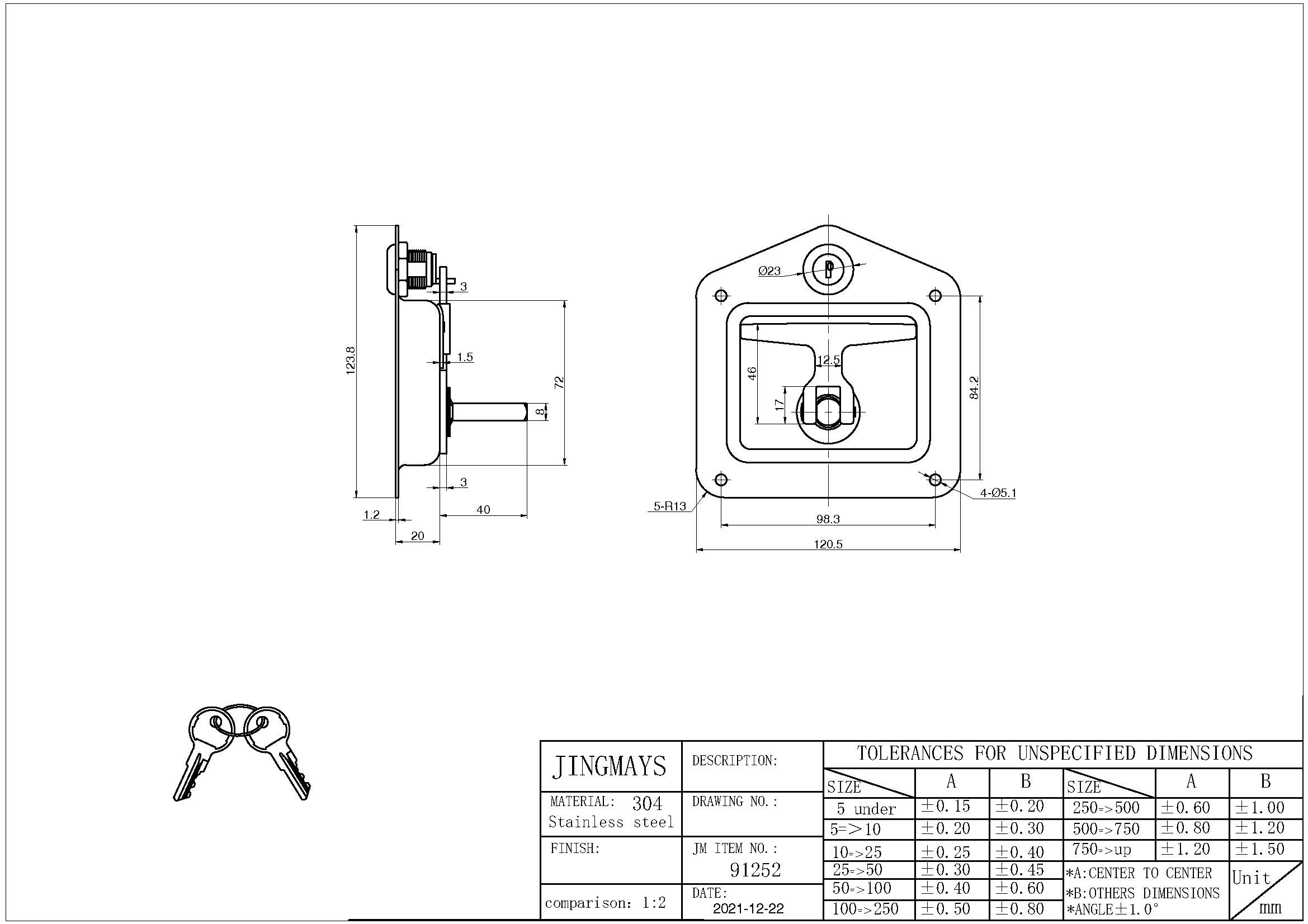 Locking Folding T Handle Stainless Steel Polished W/Holes - 91252